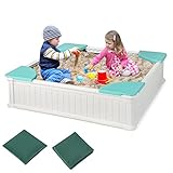 COSTWAY Sandkasten, Kinder Sandbox 123,5x123,5x31,5cm mit 4 integrierten Sitzen, Sandkiste HDPE quadratisch für Garten, Rasen (Weiß)