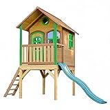 AXI Spielhaus Laura mit grüner Rutsche | Stelzenhaus in Braun & Grün aus FSC Holz für Kinder | Spielturm mit Wellenrutsche für den Garten