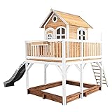 AXI Spielhaus Liam mit Sandkasten & Grauer Rutsche | Stelzenhaus XXL in Braun & Weiß aus FSC Holz für Kinder | Spielturm mit Wellenrutsche für den Garten