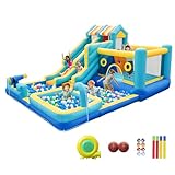 SportBob Hüpfburg mit Wasserrutsche, 10 in 1 Aufblasbare Hüpfburg XXL mit Gebläse, Kletterwand, Springen, Wasserpistole, Splash Pool Basketballkorb für Kinder Outdoor Indoor, 465x380x230 cm