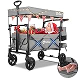 Sekey Bollerwagen Faltbar mit Dach 2 Kinder 150KG, Faltbarer Bollerwagen Handwagen Schiebegriff, Kinderwagen Stoßfest PU Räder mit Bremsen 110L, Dach-SS 5050, Grau