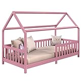 IDIMEX Hausbett NINA aus massiver Kiefer in rosa, schönes Montessori Bett in 90 x 200, süßes Indianerbett mit Dach