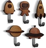 BIROYAL 5 Stück Walnussholz Kindergarderobe Kinder - Kleiderhaken Kinder - Weltraum Kindergarderobe Haken - Kinderzimmer-Dekorationsgeschenk - Kleiderhaken für Schlafzimmer, Badezimmer, Küche