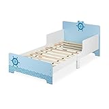 Relaxdays Kinderbett mit Rausfallschutz, HBT: 60x77x143 cm, Lattenrost, Kleinkindbett mit Seefahrt-Motiv, MDF, blau/weiß