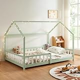 [en.casa] Kinderbett Hesel Hausbett Mintgrün 140 x 200 cm mit Rausfallschutz und Lattenrost Montessori Bodenbett Jugendbett Holzbett
