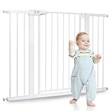 LAOYE Treppenschutzgitter ohne Bohren, Extra Hoch 92 cm Höhe, 75-124 cm Breite, Türgitter Baby mit 3 Verlängerungen, für Kinder, Hunde und Katzen, Auto-Close & 90° Stopp - Weiße