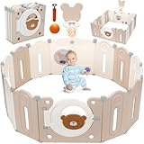 Laufgitter Baby Faltbar, Laufstall Baby Faltbar 143x143x64 cm, Zaun für Kinder Verstellbare Form, Baby Playpen mit Basketballkorb & Basketball & Spielzeugboard, Starke Saugnäpfe, Ungiftigem Material