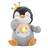 Edencomer Schlummer Kuscheltier - Schlummer Pinguin mit Simuliertem Atem, Musik und Nachtlicht, Kuscheltier mit Atembewegung Begleiten Sie Kinder Zum Schlafen (Grau)