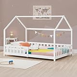 [en.casa] Kinderbett Hesel Hausbett Weiß 90 x 200 cm mit Rausfallschutz und Lattenrost Bodenbett Jugendbett Holzbett