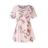 Vintage Shirt Schwarz Damen Umstands-Sommer-Kurzarm-Blumendruck-Stilltops Schwangerschafts-T-Shirt zum Stillen Wickelmulde Eukalyptus (Pink, L)