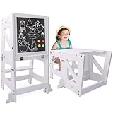YOLEO 2in1 Lernturm Kinder Tritthocker Lernstuhl Kinderhocker lernturm klappbar für Baby,mit doppelseitiger magnetischer Tafel,Umweltschutz,Küchen-/Badezimmerhelfer (Grau) (Weiß)