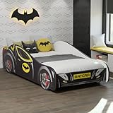 Kids Collective Autobett 70x140 cm Kinderbett Jugendbett mit Rausfallschutz | Kinder Spielbett Batman Batmobil Bat Car Auto Bett in schwarz optional mit Matratze | von Geburt bis 6. Lebensjahr