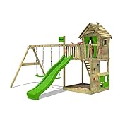 FATMOOSE Spielturm Klettergerüst HappyHome Hot mit Schaukel & apfelgrüner Rutsche, Outdoor Kinder Kletterturm mit Sandkasten Leiter & Spiel-Zubehör für den Garten