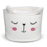 Bigepige Aufbewahrungskorb Kinder, Baby Spielzeug Baumwollseil Aufbewahrung Korb Geflochten, WäSchekorb Klein Faltbar Kinderzimmer Deko Basket Weiß Beige Katze(40x28x28cm)