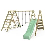 WICKEY Kinderschaukel Schaukelgestell Smart Shake mit Rutsche und Kletteranbau, Schaukel, Schaukelgerüst, Doppelschaukel, Holzschaukel für den Garten (pastellgrün)