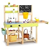 Dreamon Matschküche Kinder Outdoor, Holz-Spielküchenset mit Abnehmbarer Spüle, Kreidetafel, Gartenspielzeug & Edelstahl-Kochzubehör, Matschküche Zubehör für Kinder ab 3 Jahren