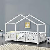 Kinderbett Treviolo mit Rausfallschutz 80x160cm Hausbett mit Lattenrost und Gitter Bettenhaus aus Holz Spielbett Weiß