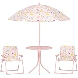 AIYAPLAY 4 TLG. Kindersitzgruppe Garten mit Gartentisch 2 Klappstühle Höhenverstellbar Sonnenschirm Kindersitzgarnitur für Camping, 2-5 Jahre Kinder, Rosa