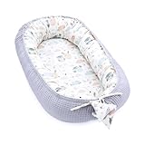 Babynest Neugeborene Nestchen Baby 90x50 cm - Kokon Handmade zweiseitig aus Baumwolle Waffel mit Babynestchen 1. Eulen Grau