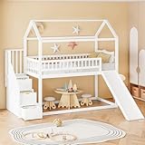 Mrwoo Kinderbett Etagenbett 90 × 200 cm, Hochbett mit Rutsche und Stauraumtreppe, Hausbett mit hohe Zaunkonstruktion und Lattenrost, Massivholzbettrahmen, Weiß (Ohne Matratze)