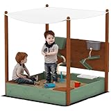 AIYAPLAY Sandkasten mit Sonnendach, 116 x 112,5 cm Sandkiste aus Holz Sandbox mit Sitzfläche, Bodenvlies, 2 Behältern, Sand- und Wasserspielzeug, Eimer mit Wasserhahn für Outdoor Grün