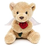 Uni-Toys - Schutzengel-Teddybär mit roter Rose - Plushie - 13 cm (Höhe) - Plüschtier, Kuscheltier