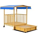 Outsunny Sandkasten mit Dach, Sandkiste aus Holz mit Spielhaus, 133 x 129 x 137,5 cm Sandbox mit Rollen für 3-8 Jahre Kinder, Garten, Natur
