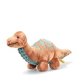 Steiff 087837 Original Plüschtier Bronko Brontosaurus, Soft Cuddly Friends Kuscheltier ca. 28 cm, Markenplüsch mit Knopf im Ohr, Schmusefreund für Babys von Geburt an, Dunkelorange und Petrol