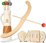 BOWRILLA® Pfeil und Bogen Kinder Holzspielzeug mit 5 Pfeilen, 4 Zielscheiben und Pfeiltasche | Bogenschießen Kinder Innen- und Outdoor Spielzeug ab 3 Jahre | Für Rechts- und Linkshänder geeignet