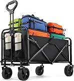 Bollerwagen Faltbar, 100L 75KG Belastbar Bollerwagen, 360° Geländeräder, 70 x 43 x 72cm Faltwagen Strandwagen mit 2 Getränkehalter 12cm Reifen für Camping Strand Einkaufen (Schwarz)
