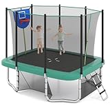 GYMAX rechteckiges Trampolin Outdoor 317 x 255 cm, Gartentrampolin mit Sicherheitsnetz & Leiter, Kindertrampolin mit Basketballkorb, Fußballtor & Aufbewahrungstasche, bis zu 500 kg