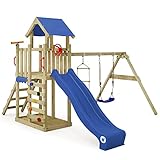 Wickey Spielturm Klettergerüst MultiFlyer Light, Schaukel & blauer Rutsche, Outdoor Kinder Kletterturm mit Sandkasten, Leiter & Spiel-Zubehör für den Garten