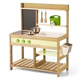 Gaint Bean Matschküche Kinder Outdoor, Holzspielzeug Spielküchenset für Jungen und Mädchen im Alter von 3–8 Jahren, Drinnen und Draußen Aktivitäten mit Wasserspüle-Aktualisierte Version