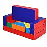GOPLUS Spielsofa mit Bettfunktion, 4-In-1 Kindersofa aus Schaumstoff, Matratze Multifunktional Spieltisch Puzzle Sofa, Kindersessel Faltbar mit 4 Bausteinen, Pädagogisches Spielzeug (Bunt)