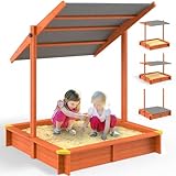 Spielwerk® Sandkasten Sami Sonnendach 120x120cm imprägniertes Holz Füllstand Skala UV 50+ Kantenschutz Bodenvlies Sandspielzeug Kinder Sandbox Sandkiste