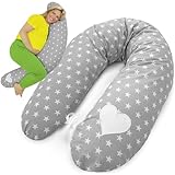 Amilian Stillkissen XXL - Schwangerschaftskissen & Seitenschläferkissen Baby - Pregnancy Pillow und Body Pillow - Grau mit Sternen - Kissen Schwangerschaft