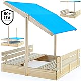 Deuba Sandkasten mit Dach + Sitzbänke 120x120 cm Holz Natur Sonnenschutz UV 50+ Sandbox Sandkiste Kinder Spielhaus Sandspielzeug