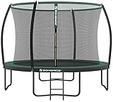 SONGMICS Trampolin 244 cm d, Gartentrampolin für Kinder mit Sicherheitsnetz, 180 cm hohe Gebogene Stangen, Randabdeckung, Leiter, Stahlrahmen, schwarz-dunkelgrün STR082C01