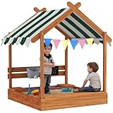 Outsunny Sandkasten mit Dach, Sandkiste aus Holz mit Sitzplatz, Spielhaus, 124 x 116 x 146 cm Sandbox mit Tafel für 3-7 Jahre Kinder, Garten, Grün