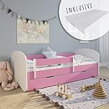 Kinderbett 70x140 | 80x160 | 80x180 cm mit Matratze, Rausfallschutz, Lattenrost & Schublade in pink Mädchen Jungen Bett
