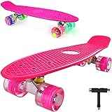 Skateboard Komplette Mini Cruiser Skateboard für Kinder Jugendliche Erwachsene, Led Leuchtrollen mit All-in-one Skate T-Tool für Anfänger (Pink)