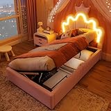 RIAZOS Kinderbett Polsterbett 90x200, Kronenförmiges Prinzessinnenbett, Einzelbett mit Hydraulisches Stauraum, Bettgestell mit LED und Lattenrost, PU-Leder, Rosa, ohne Matratze