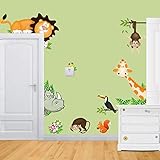 WandSticker4U®- Wandtattoo SAFARI TIERE I Afrika Wandsticker lustige Nashorn Giraffe Affe Löwe Eichhörnchen Dschungel Zoo I Wand Aufkleber Deko Kinderzimmer Babyzimmer Mädchen & Junge