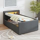 KUAKE Modern Jugendbett 90x200 cm Polsterbett, Bett mit Lattenrost & Stauraum, Polster Kopfteil mit LED Nachtlicht & USB-Ladeanschluss, Samtstoff, Kinderbett für Jungen & Mädchen (Dunkelgrau)
