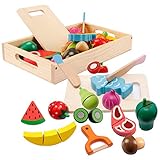 Spielküche Zubehör, Kinderküche Zubehör Holz, Küche Kinder Holzspielzeug, Obst Gemüse und Fleisch Kochsimulation Lernspielzeug für 3+ Jährige Jungen und Mädchen