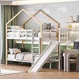 RWUDV Etagenbett für 2 Kinder, Kinderbett Etagenbett 90 x 200cm, Kinderbett Baumhaus mit Leiter und Rutsche, Hochbett für 2 Kinder, Massivholz Funktionsbett Stockbett Jugendbett
