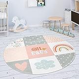 Paco Home Kinderteppich Teppich Rund Kinderzimmer Spielmatte Babymatte rutschfest Stern Mond Elefant Regenbogen, Grösse:Ø 120 cm Rund, Farbe:Pink