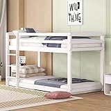 Rtopsu Kinderbett Etagenbett 90x200 cm, Hochbett mit Rausfallschutz und Treppe für 1-2 Kinder, Bett Bettgestell mit Lattenrost aus Holz, Weiß, Ohne Matratze