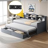 Merax Kinderbett 90x200 cm, Schlafsofa mit 90x190 cm Ausziehbett, aus Holz mit USB-Steckdose und Schubladen, für Jungen, Mädchen, Grau (ohne Matratze)