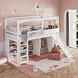 Zravenna Hochbett 90x200cm mit Rutsche und Kleiderschrank, Kinder Etagenbett mit Fallschutzgitter und Lagerregal, Reichlich Stauraum, Mit Leiter (D)